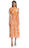 Resim Turuncu Çiçek Desenli Gömlek Yaka Pamuk Midi Boy Elbise