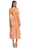 Resim Turuncu Çiçek Desenli Gömlek Yaka Pamuk Midi Boy Elbise