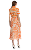 Resim Turuncu Çiçek Desenli Gömlek Yaka Pamuk Midi Boy Elbise