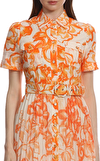 Resim Turuncu Çiçek Desenli Gömlek Yaka Pamuk Midi Boy Elbise