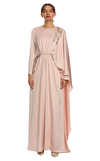 Resim Pudra Rengi Taş İşlemeli Uzun Kol Oval Yaka Maksi Boy Elbise